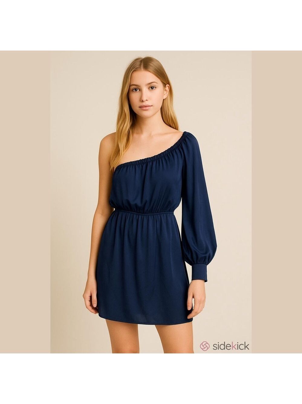 Leona Taylor Dress  NWT 100% Silk Navy Medium One Sleeve